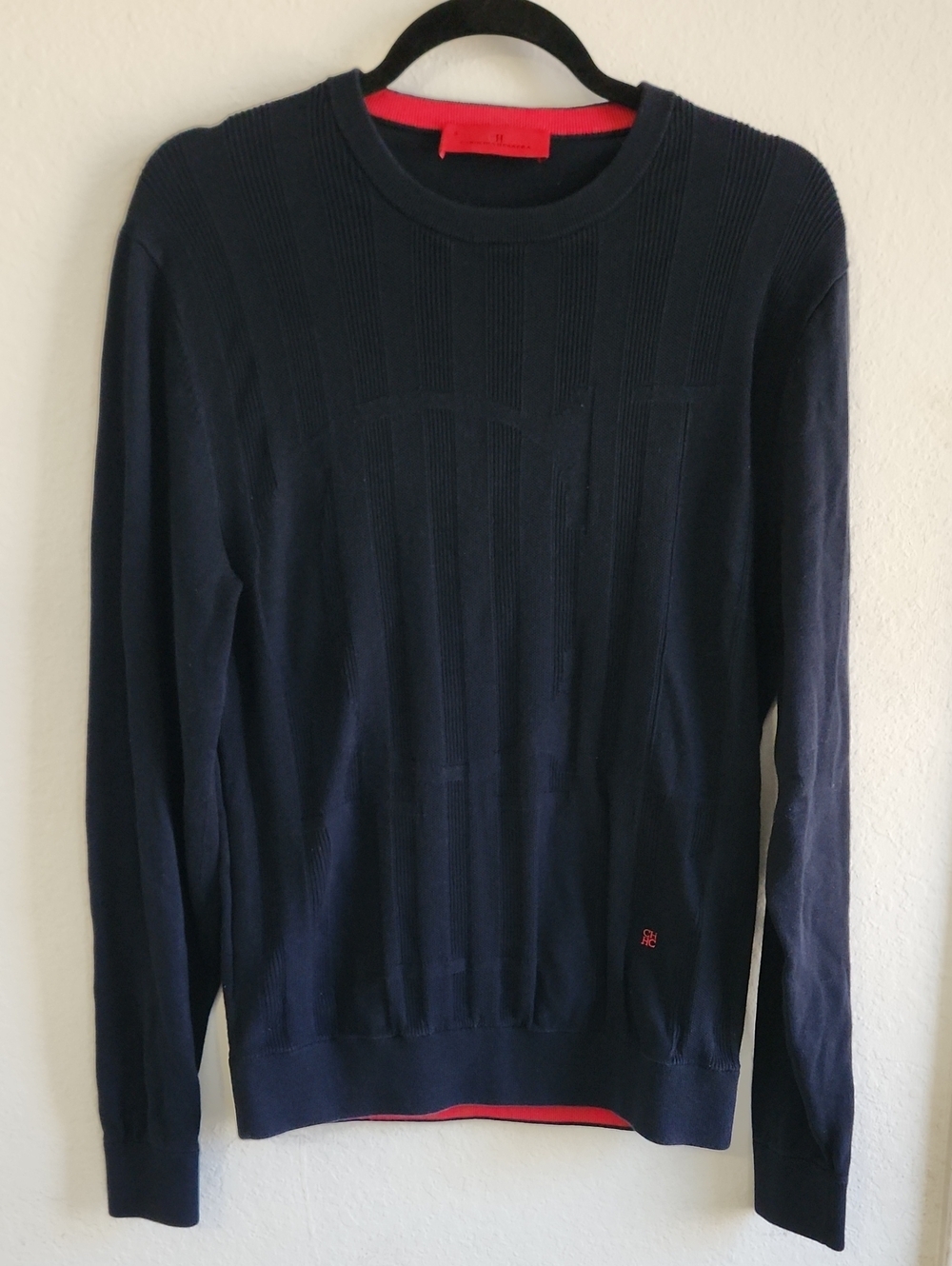 CH Minimalist Quiet Luxury Mens Navy Blue Fine Knit Sweater Size S 100% Cotton